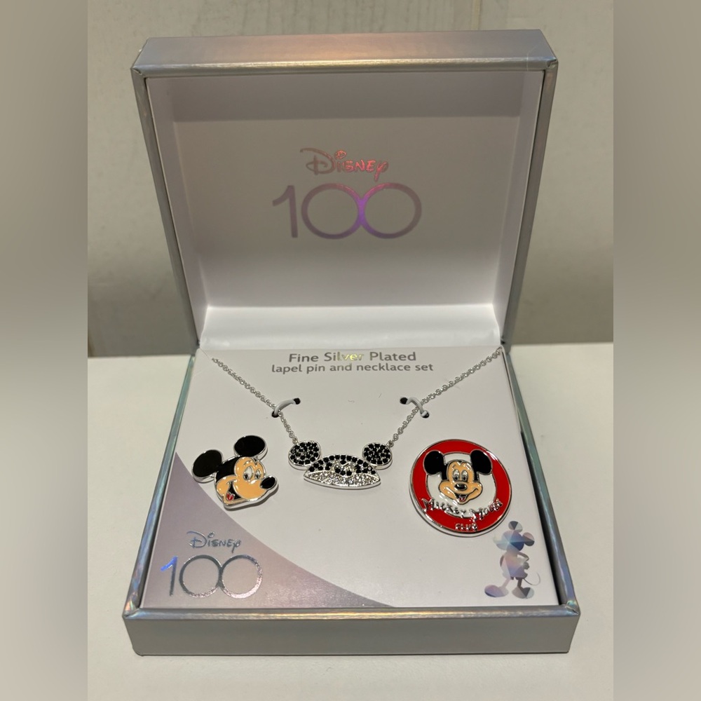 Disney 100 Years of Wonder Mickey Mouse Ear Hat Necklace & Lapel Pin Set Silver